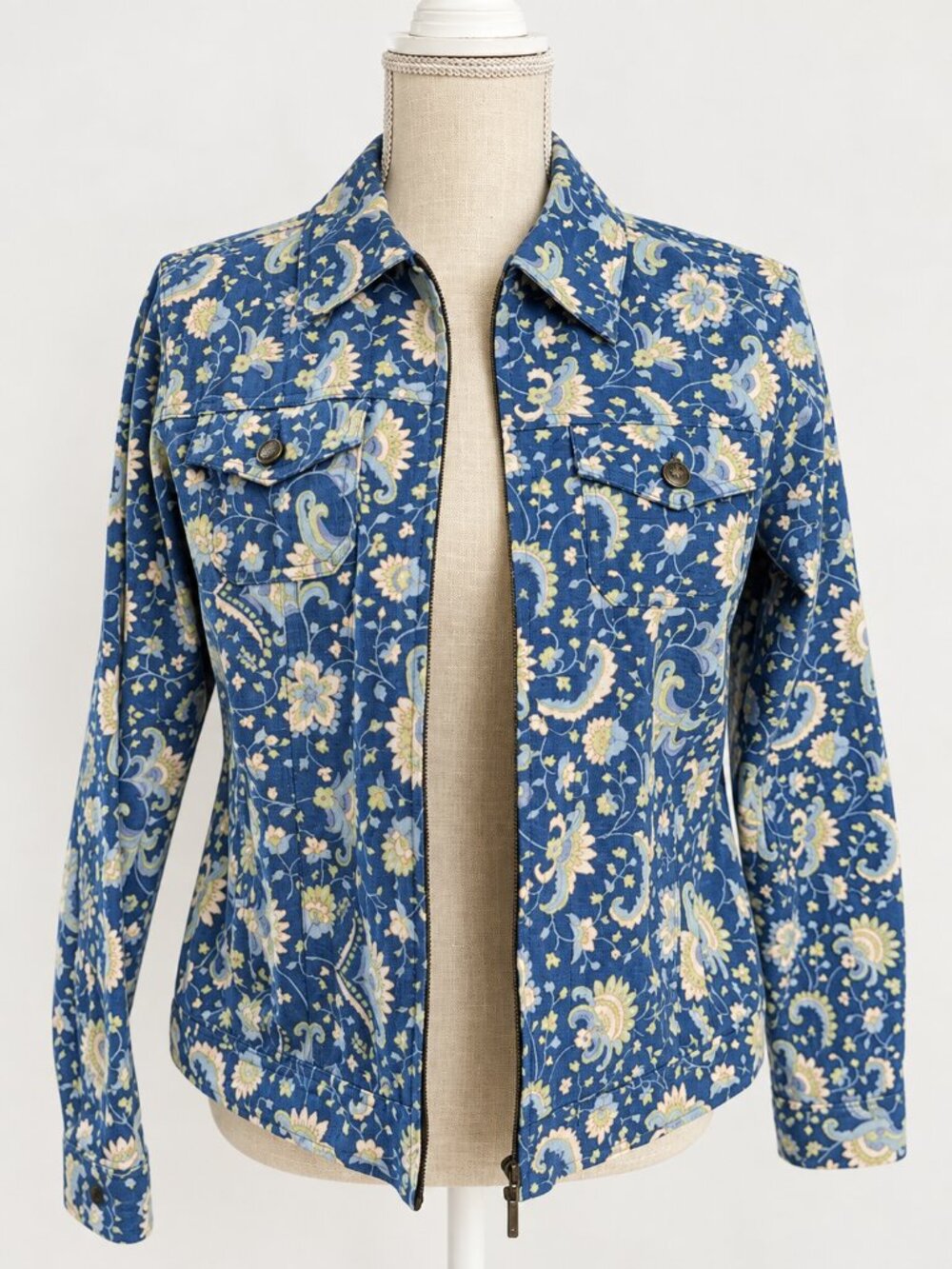 Statements Blue Floral Paisley Zip Front Jacket Button Pockets Boho Size M